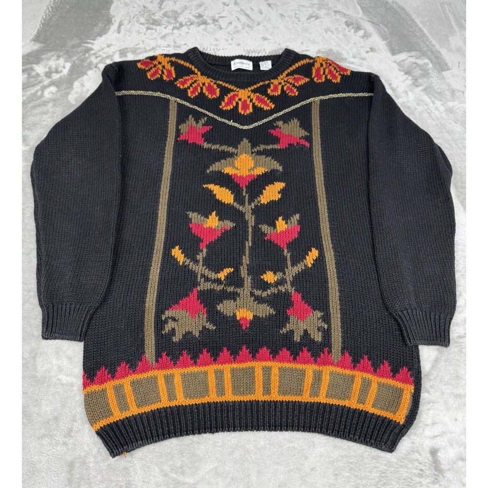 Vintage Sostanza Wool Knit Pullover Sweater‎ Womens Large Black Floral MCM 90s